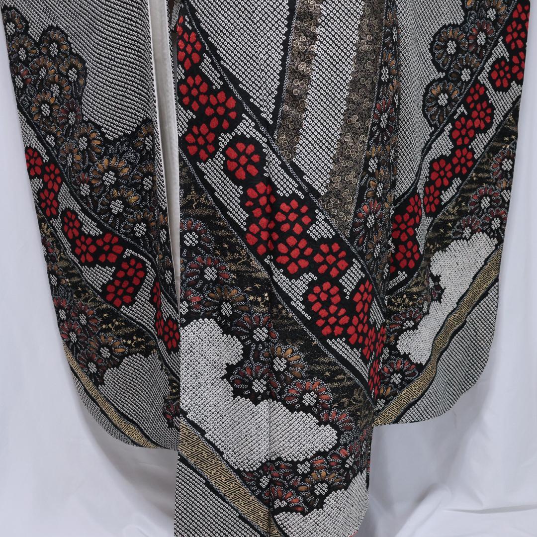 総絞り黒振袖7点セット■166.5cm帯新品帯締め帯揚げフルセット成人式RS20