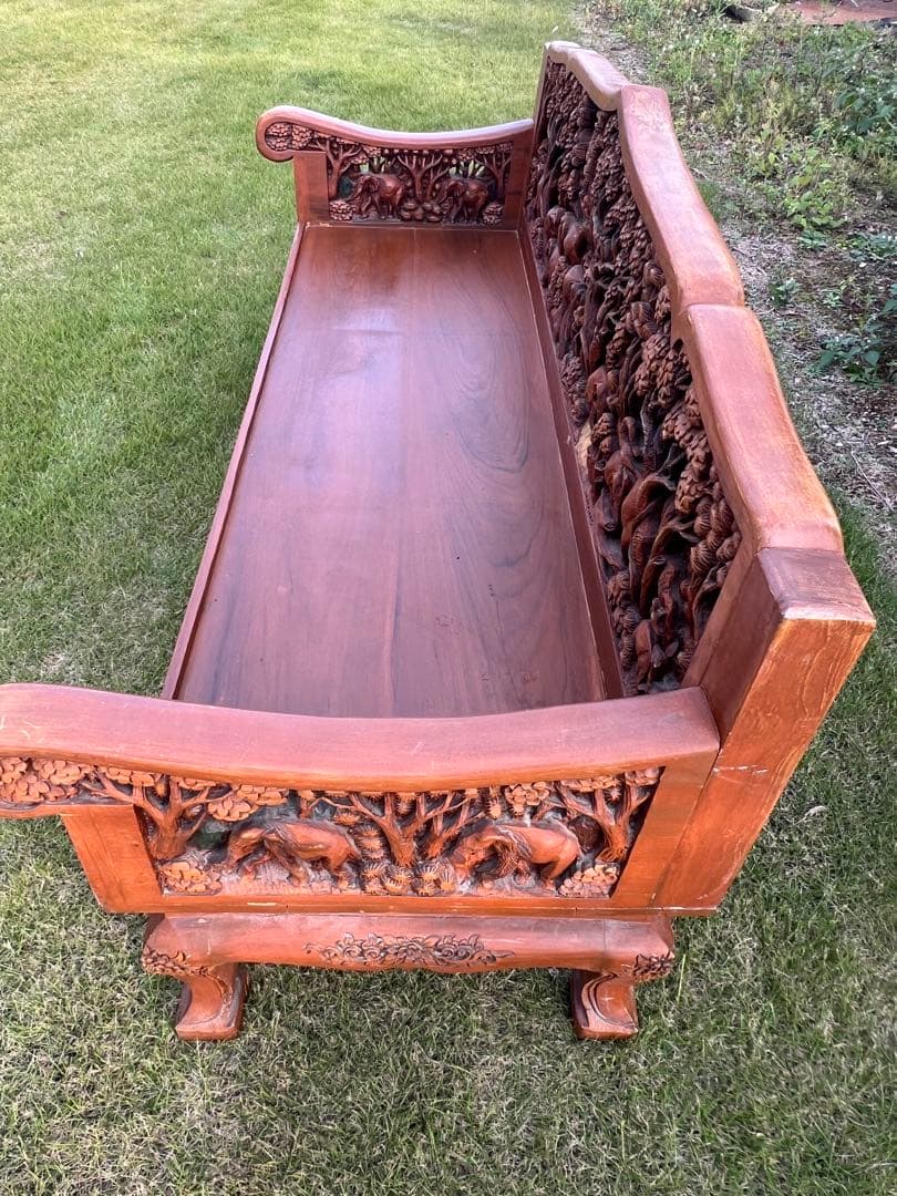 アジアンスタイル 木製ソファ 彫刻入り