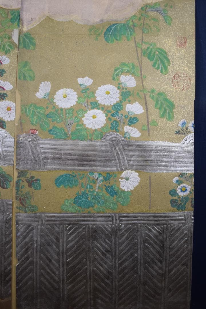 【模写】伊藤若冲/菊図/屏風ハガシ/二曲用マクリ/掛軸☆宝船☆Z-367