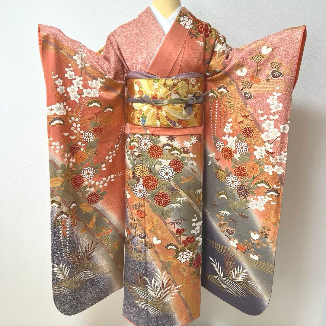 346 振袖フルセット 正絹 サーモンピンク くすみ グレー 金彩 暈し染め 桃