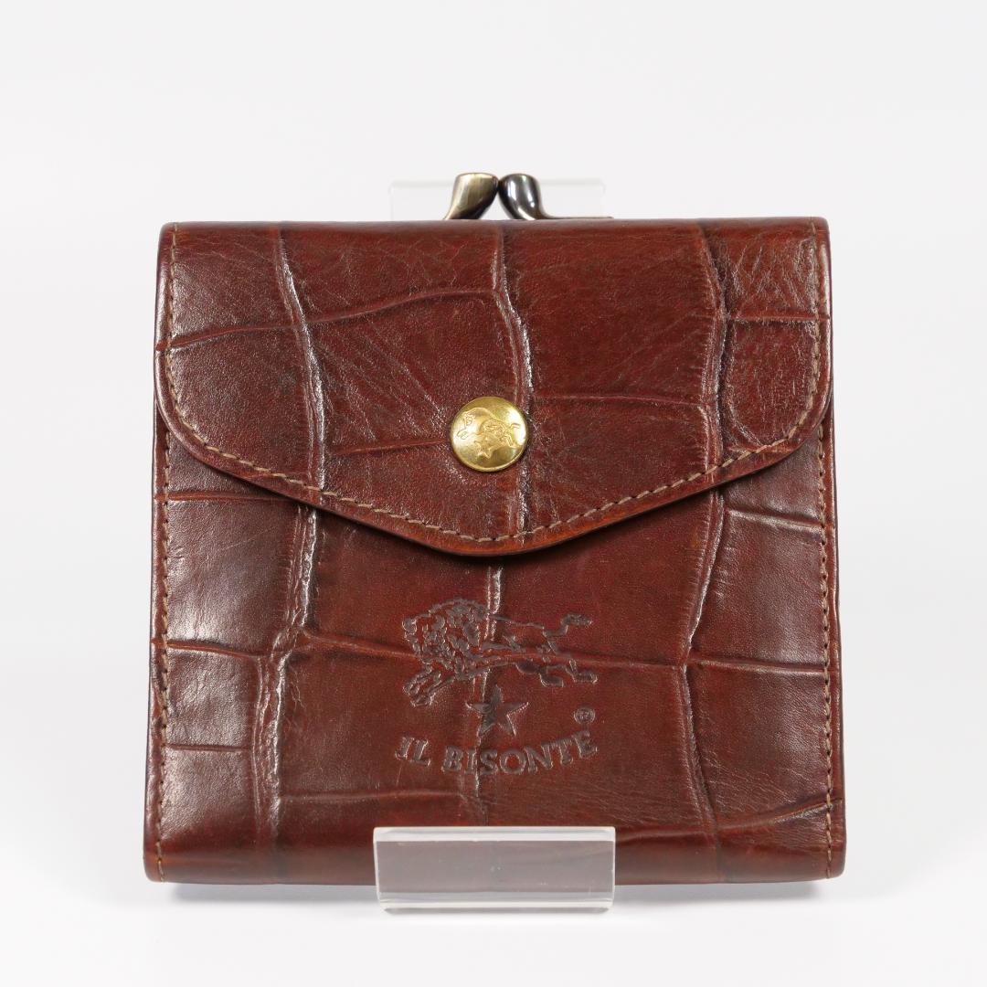 極美品✨イルビゾンテ 二つ折り 財布 クロコ型押し ロゴ刻印 ダークブラウン