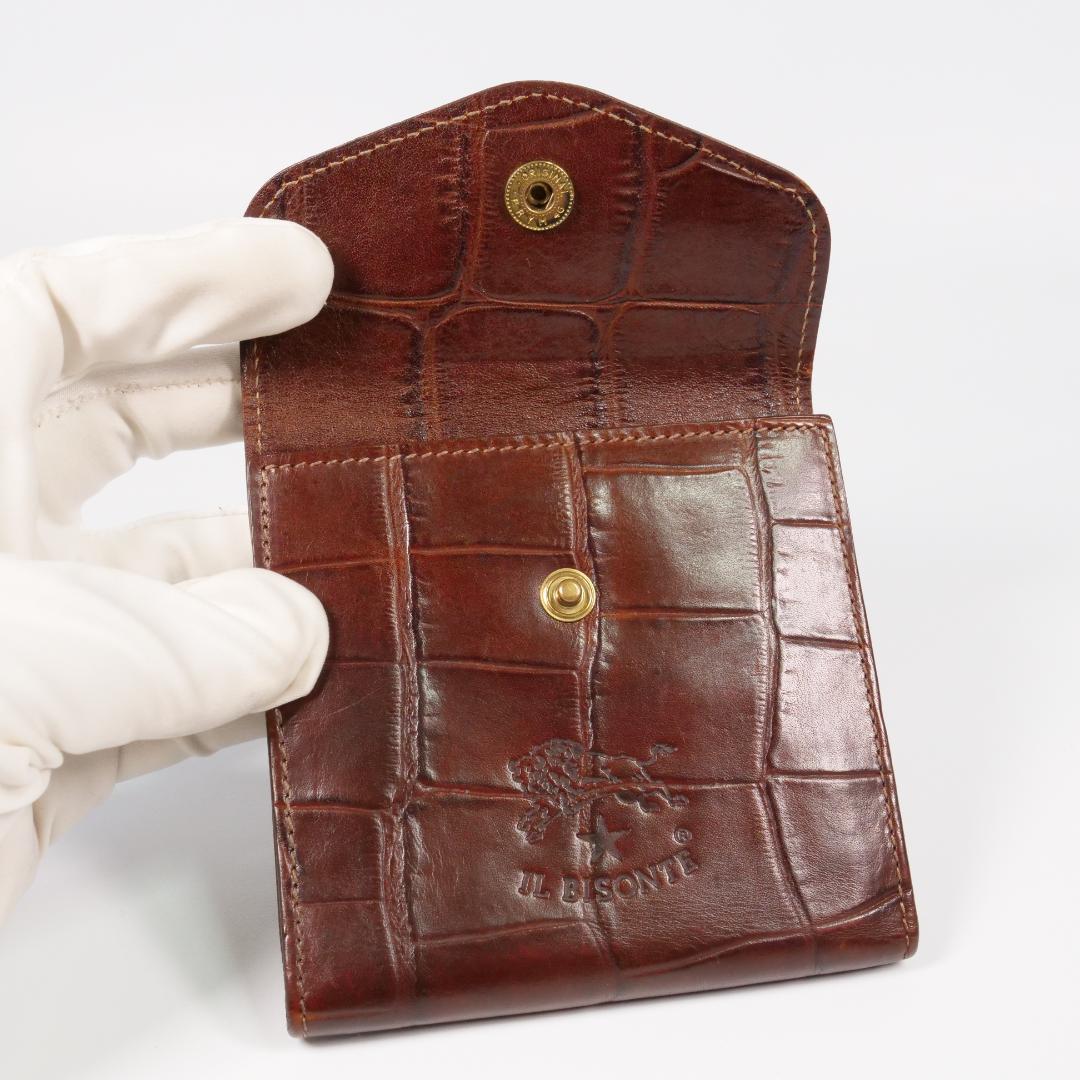 極美品✨イルビゾンテ 二つ折り 財布 クロコ型押し ロゴ刻印 ダークブラウン