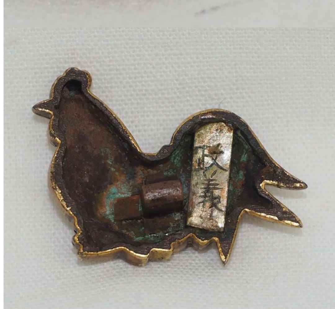 送料無料コレクター放出江戸時代『政義』作　金着せ鶏目貫2点刀装具木箱付大名道具