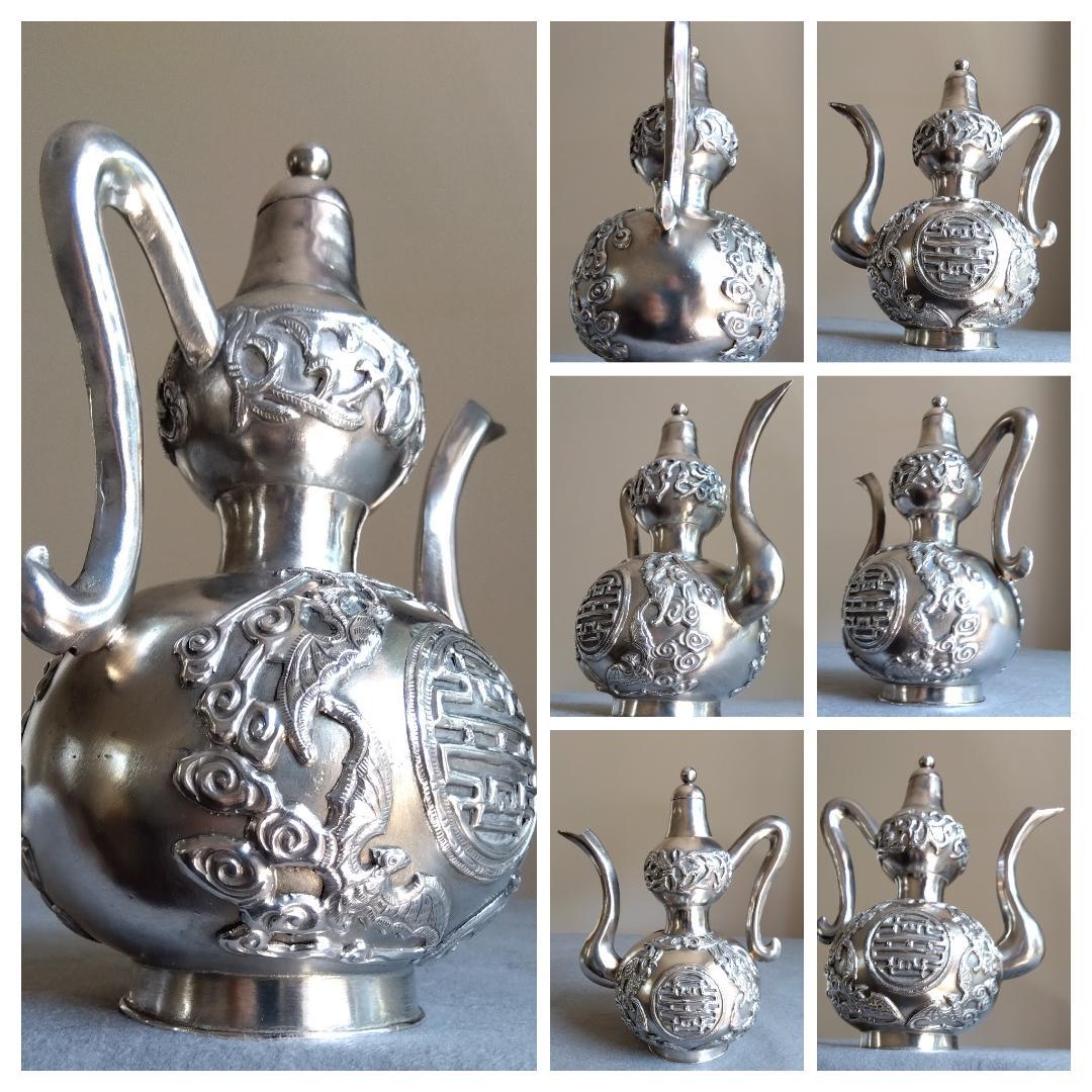 北京工芸品公司　銀製伝統的吉兆蝙蝠が取り囲む囍酒器329g全高195長150mm