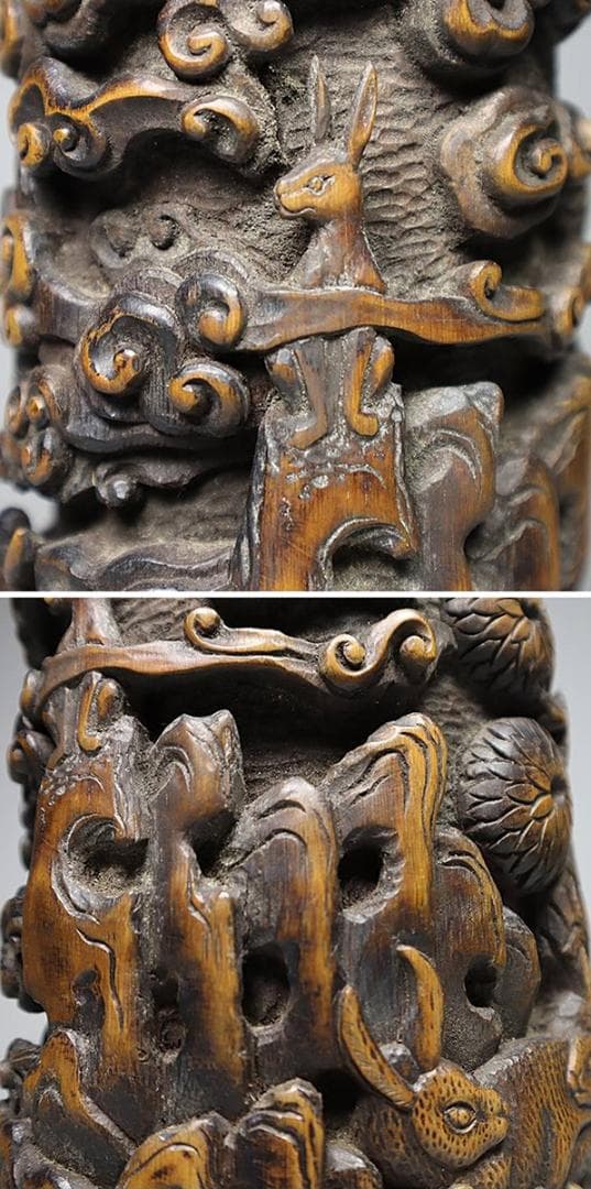 【竹】　★ 竹木 唐竹彫玉兎搗葯紋筆筒 ★　李朝期　月兎桂樹 彫刻文様　韓国珍玩