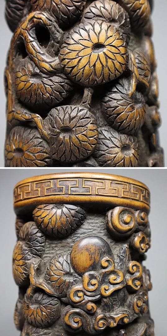 【竹】　★ 竹木 唐竹彫玉兎搗葯紋筆筒 ★　李朝期　月兎桂樹 彫刻文様　韓国珍玩