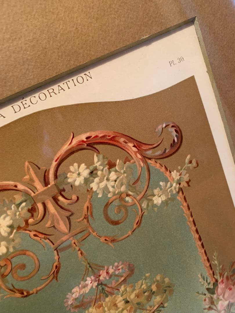 フランス製　アンティーク　1890年の装飾図案集色刷石版額装！花柄ロマンチック！