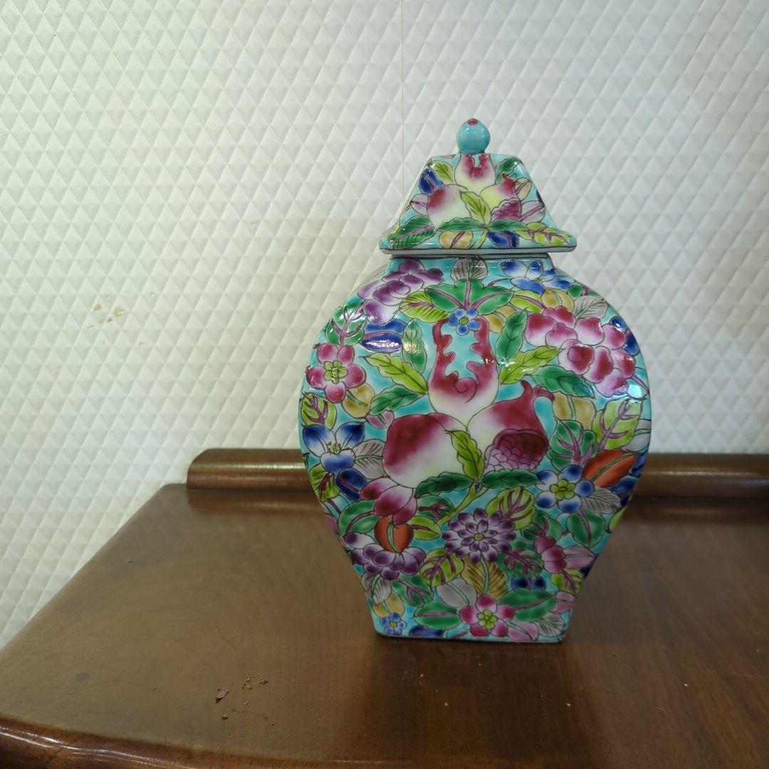 レトロ　中国　陶器壺　蓋付き　飾り壺　入れ物　陶器　花尽くし