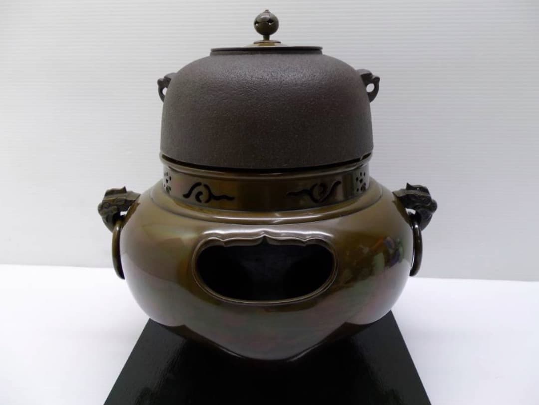 唐銅 鬼面風炉 釡師 佐藤清光 風炉師 釡谷寛斎 共箱 電熱器
