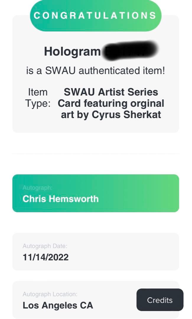 クリス ヘムズワース　直筆サインカード スケッチカード SWAU 1of1