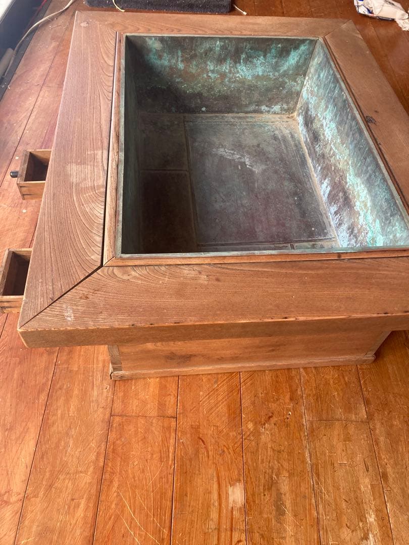 アンティーク 長火鉢 木製 銅火鉢 欅（ケヤキ） 時代家具古民具大型74センチ