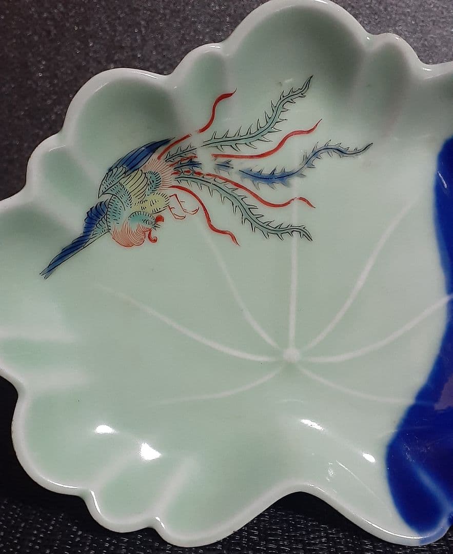 【名品❗️】江戸時代　柿右衛門様式　青磁瑠璃釉　蓮葉形　極細密　鳳凰図　変型皿