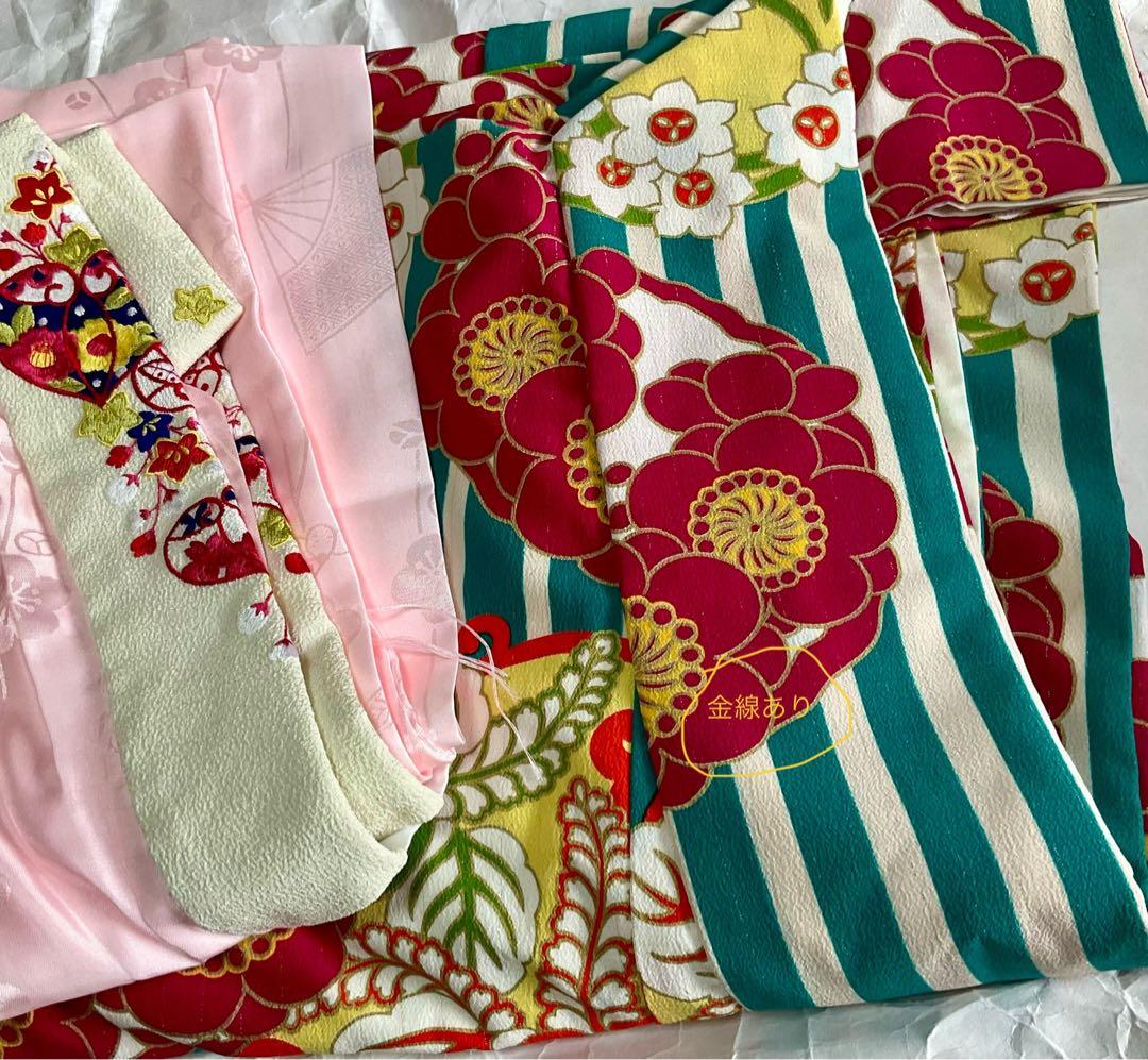 【美品】ふりふ振袖＊希少　青と赤のストライプ 花柄 金線あり