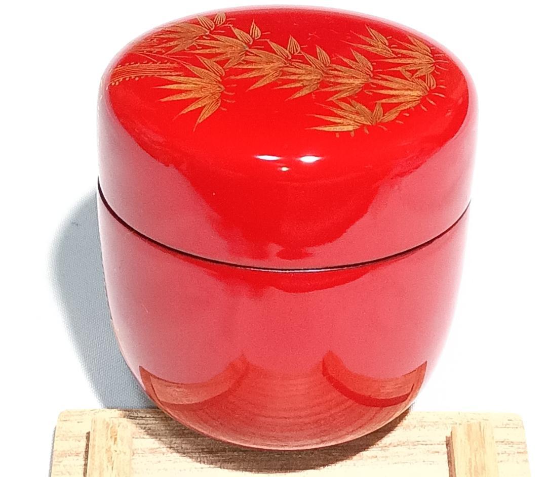 茶道具　伝統工芸加賀漆芸　朱漆塗沈金細工棗　朱漆塗沈金彫竹林文中棗　超美品！！