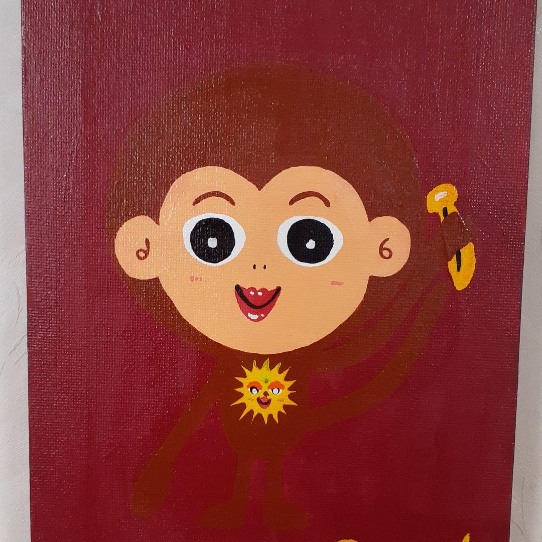 ハッピーモンキー　エンジの背景　サムホールサイズ　アクリルガッシュ　小楠アキコ