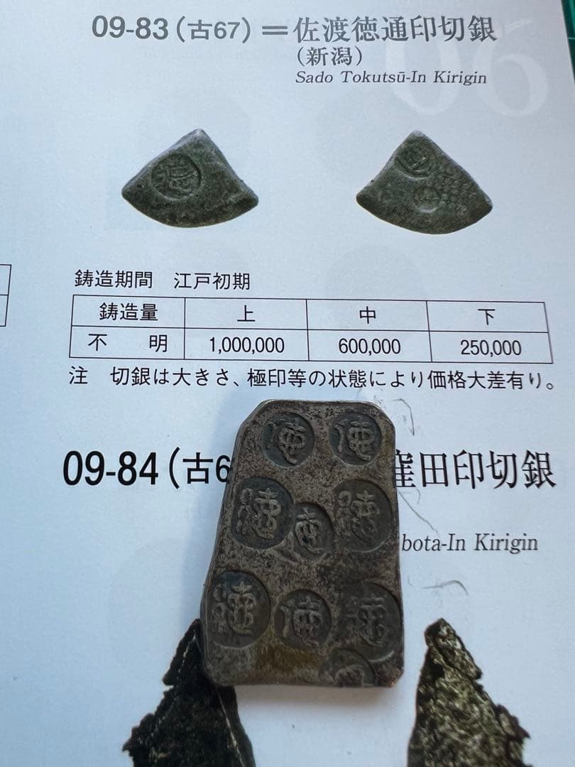 日本古金銀　日本絵銭　佐渡徳通印切銀