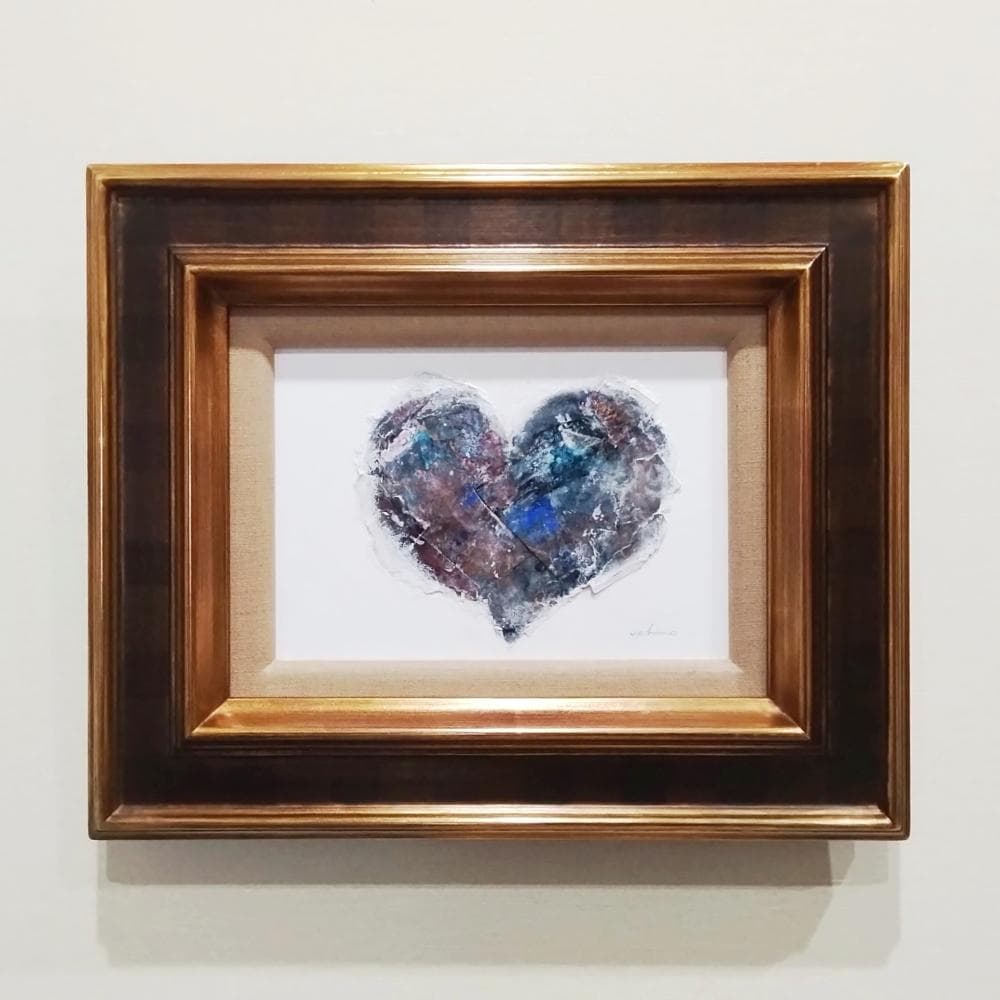 内野隆文　ハート　抽象絵画　パネルにミクストメディア　現代アート　額縁　真作