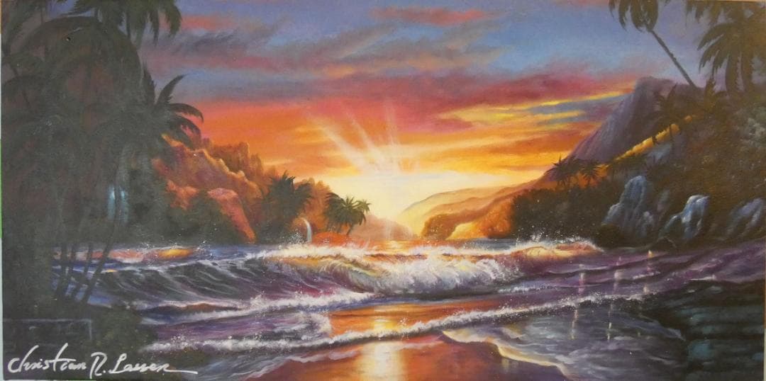 taku　アメリカ 大型油絵 クリスチャン・ラッセン【風景】額付き 手描き