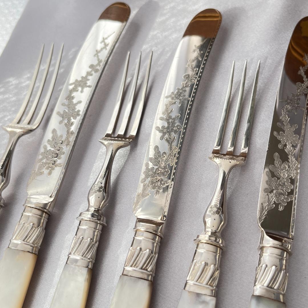 【英国】【白蝶貝】デザートセットナイフ/フォーク 12本 木製装飾ケース