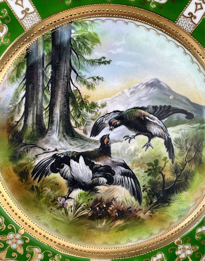 【美品】 オールドノリタケ ２１．９㎝ 黒雷鳥紋金盛り皿 ライチョウ 雉 キジ