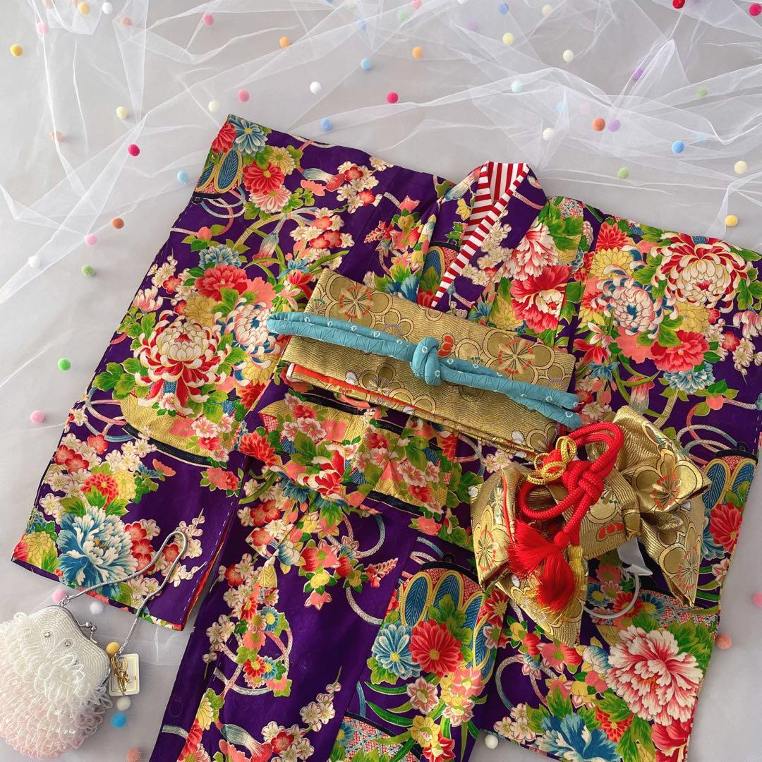 七五三　2歳３歳　正絹アンティークお着物セット　ふわふわチュール