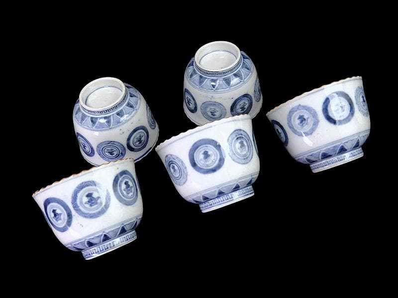 古伊万里　染付　丸紋に赤壁の賦の図　向付　５客　E880AS-fbsp