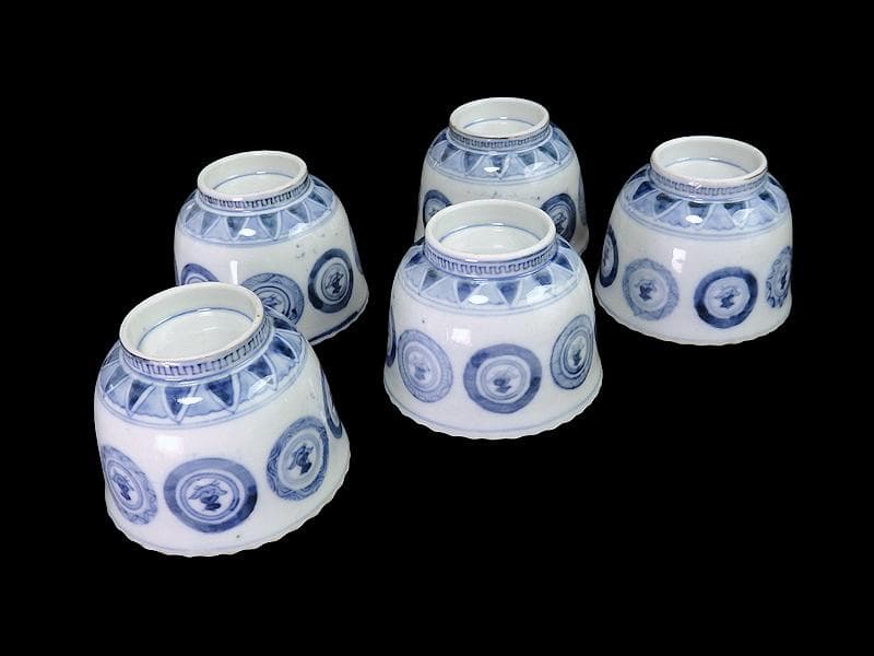 古伊万里　染付　丸紋に赤壁の賦の図　向付　５客　E880AS-fbsp