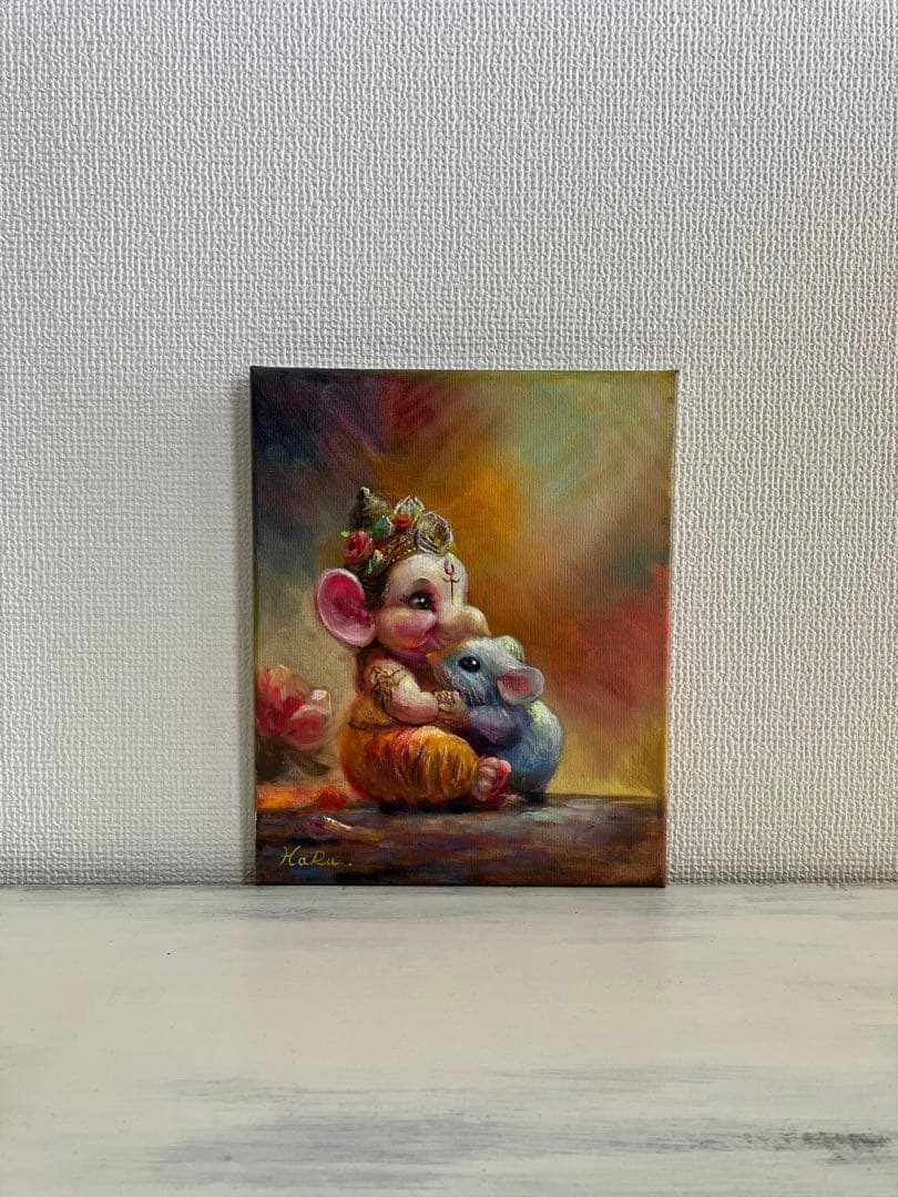 ☆ HaRu ガネーシャ 神様 鼠 1点物 真作 原画 絵画 油絵 ♪ F3
