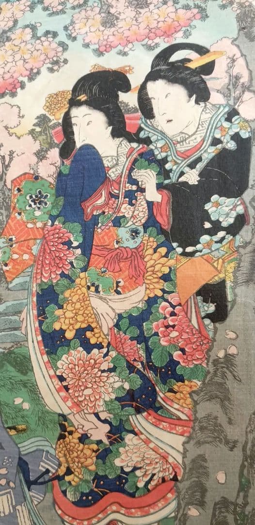 浮世絵、偐紫源氏姿美多て八景の内春嵐、二代国貞画三枚綴りの内右側と真ん中2枚売り