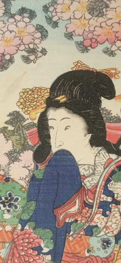 浮世絵、偐紫源氏姿美多て八景の内春嵐、二代国貞画三枚綴りの内右側と真ん中2枚売り