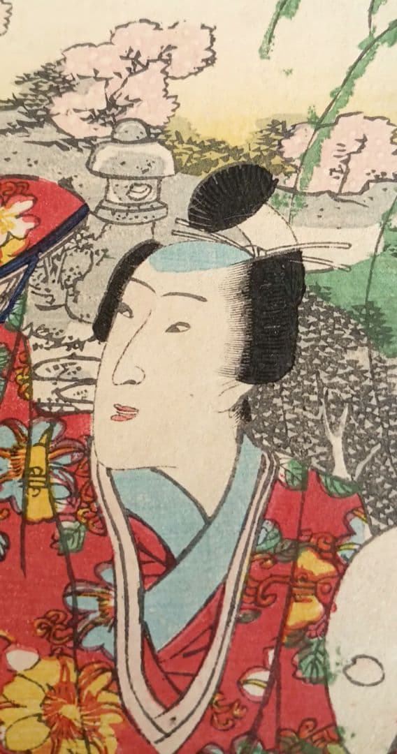 浮世絵、偐紫源氏姿美多て八景の内春嵐、二代国貞画三枚綴りの内右側と真ん中2枚売り