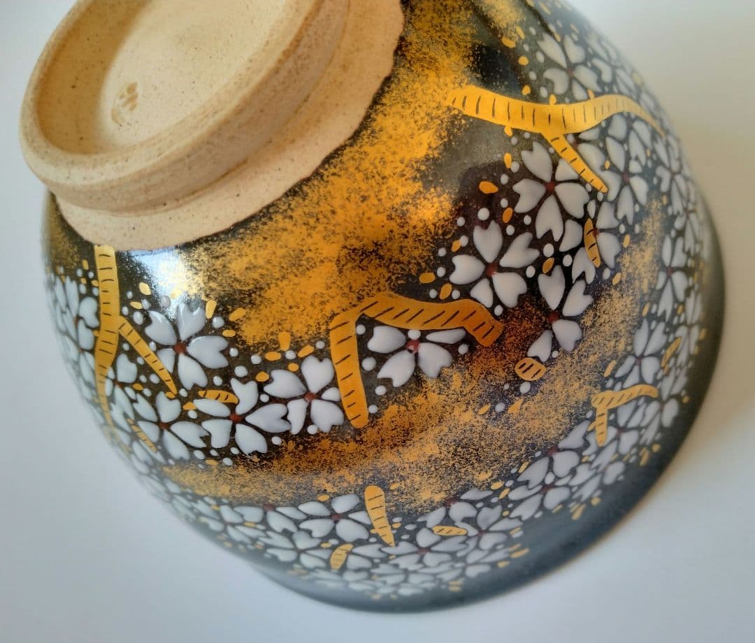 陽炎園　膳所焼　色絵夜桜茶碗　抹茶碗　茶道具　淡海膳所　共箱 共布 栞付