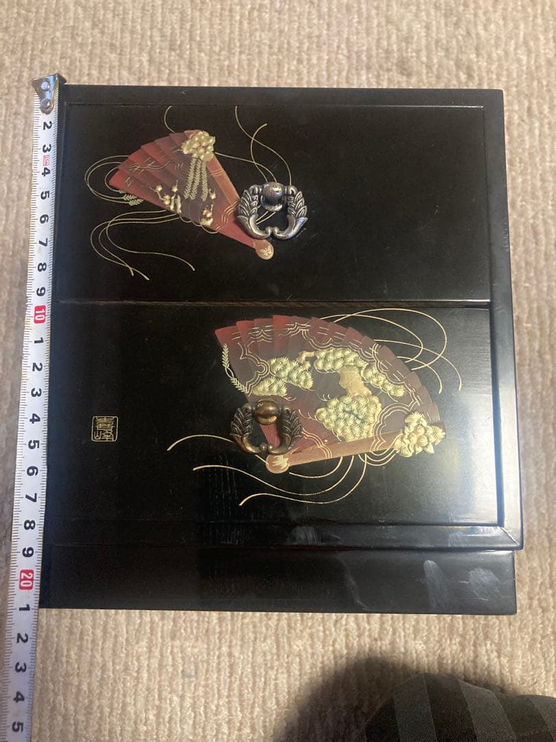和風 漆塗り風 引き出し付き小物入れ 扇面蒔絵風 収納箱」