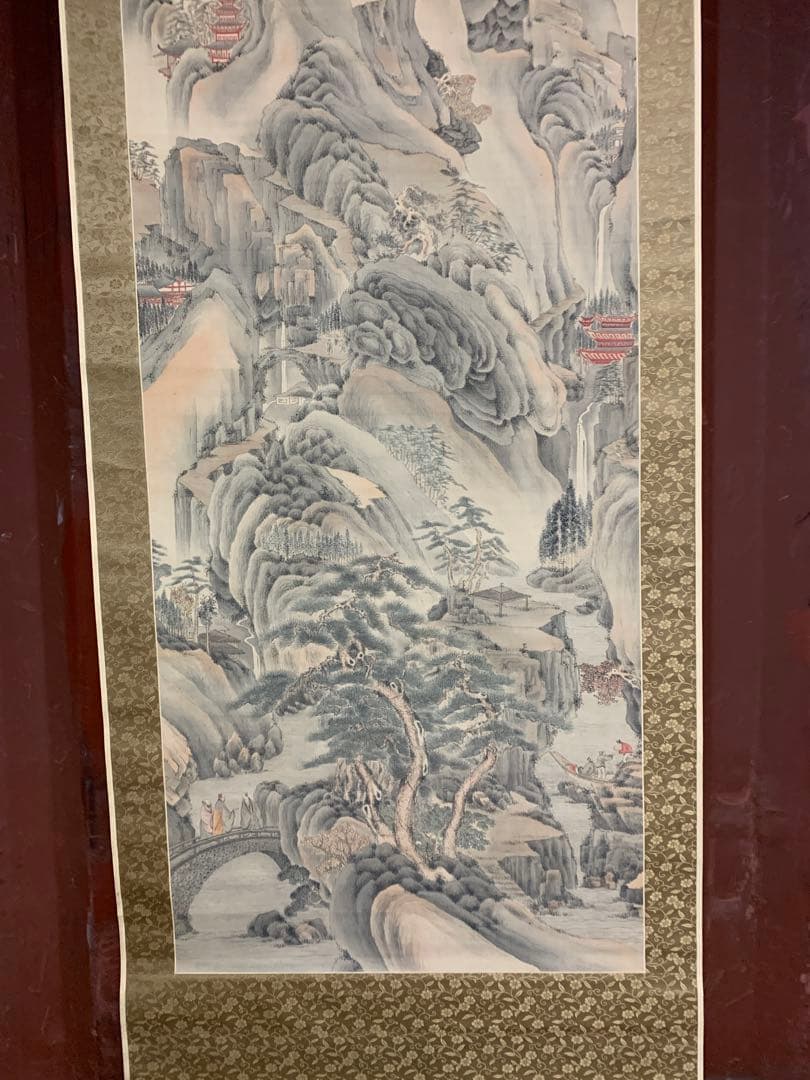 『8606』明治期文人画家 田能村直入（小虎散人） 真筆 楼閣山水図 絹本掛軸
