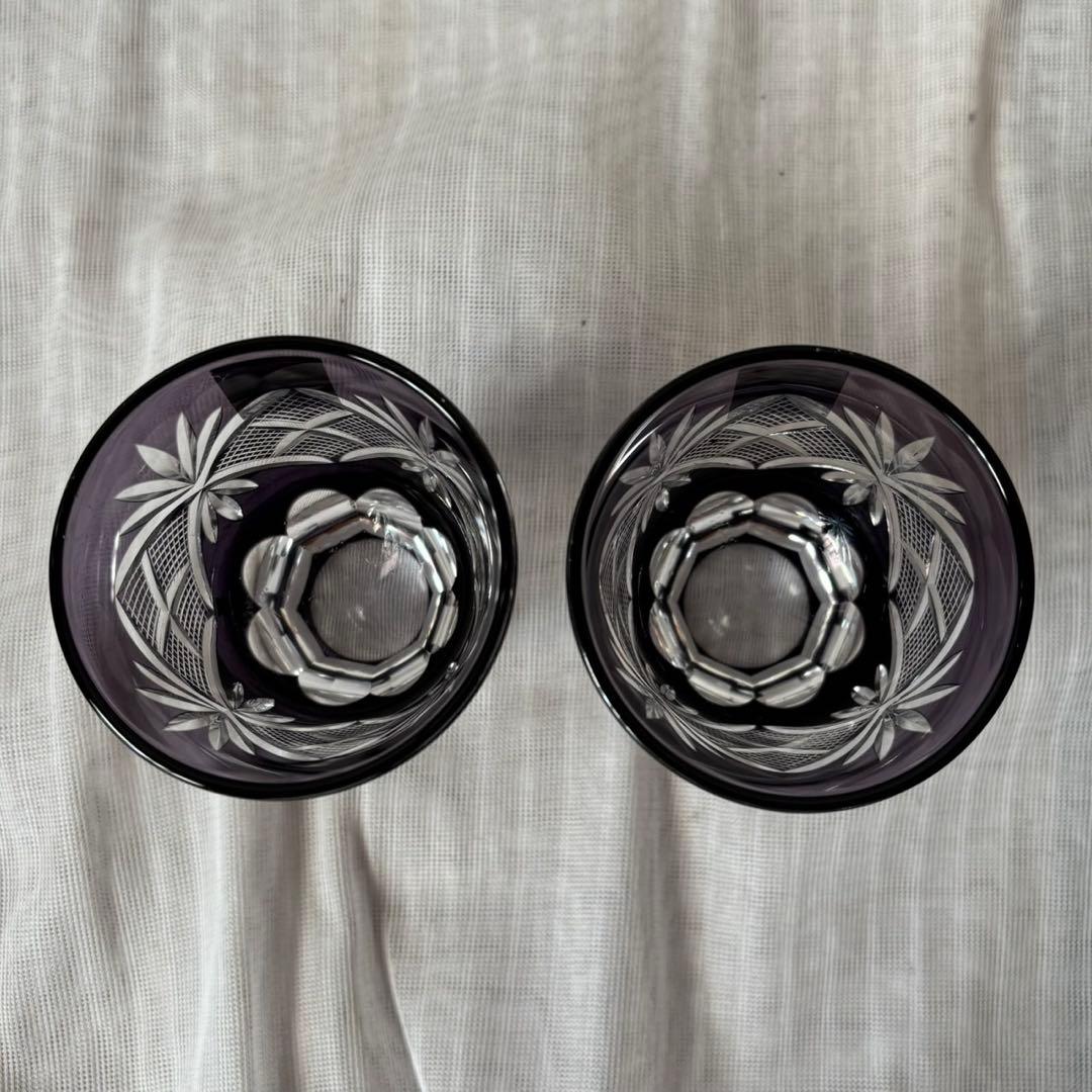 Cy24　田島硝子　江戸切子　酒杯ペア　魚子切子　江戸紫　伝統工芸　木箱付き