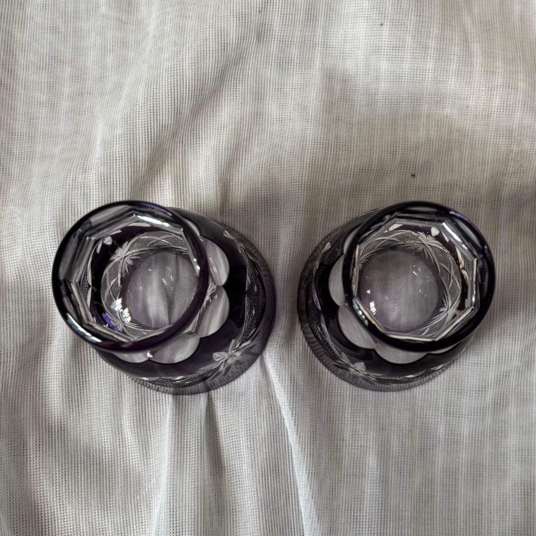 Cy24　田島硝子　江戸切子　酒杯ペア　魚子切子　江戸紫　伝統工芸　木箱付き