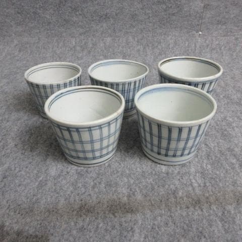 古伊万里染付格子文蕎麦猪口5個 [B28079]