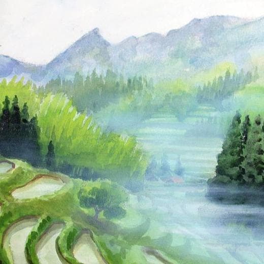 絵画「霧晴れて大山千枚田」　水彩画