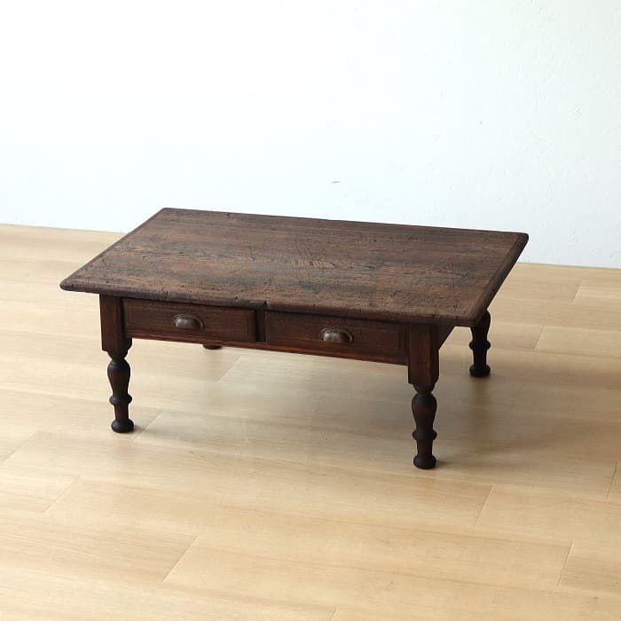 アンティーク ロクロ脚 引き出し付き 無垢材 文机 古家具 ブラウン