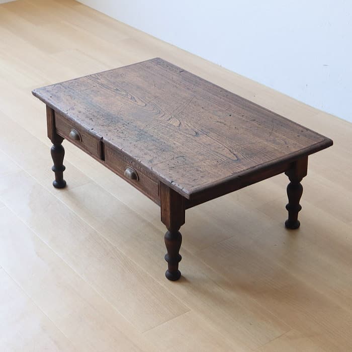 アンティーク ロクロ脚 引き出し付き 無垢材 文机 古家具 ブラウン