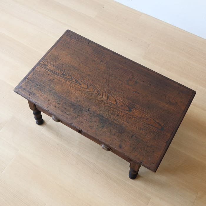 アンティーク ロクロ脚 引き出し付き 無垢材 文机 古家具 ブラウン