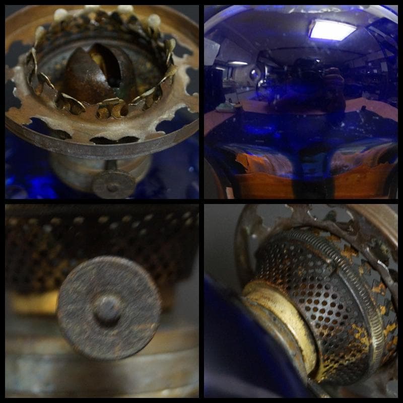 明治期 ガラス製大型オイルランプ花蕾型ランプ/切子油壷/ 水色練台座 台ランプ