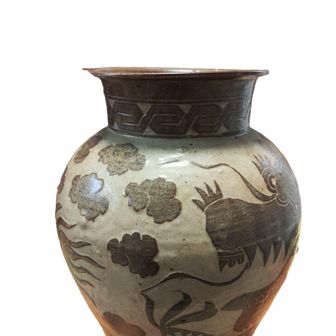 中国古玩　磁州窯雲龍文壺　花瓶　置物　時代