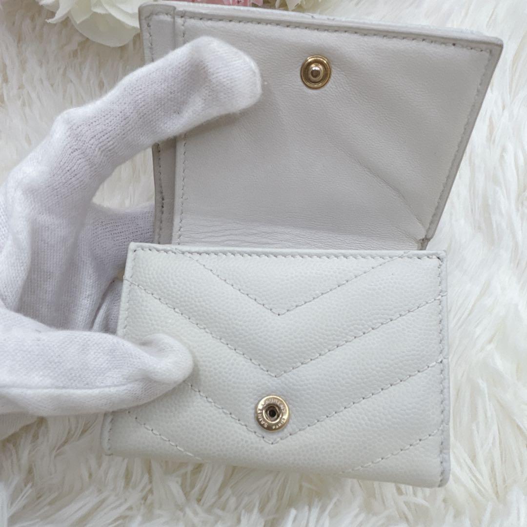 美品✨サンローラン 折り財布 キャビアスキン YSLロゴ レザー アイボリー