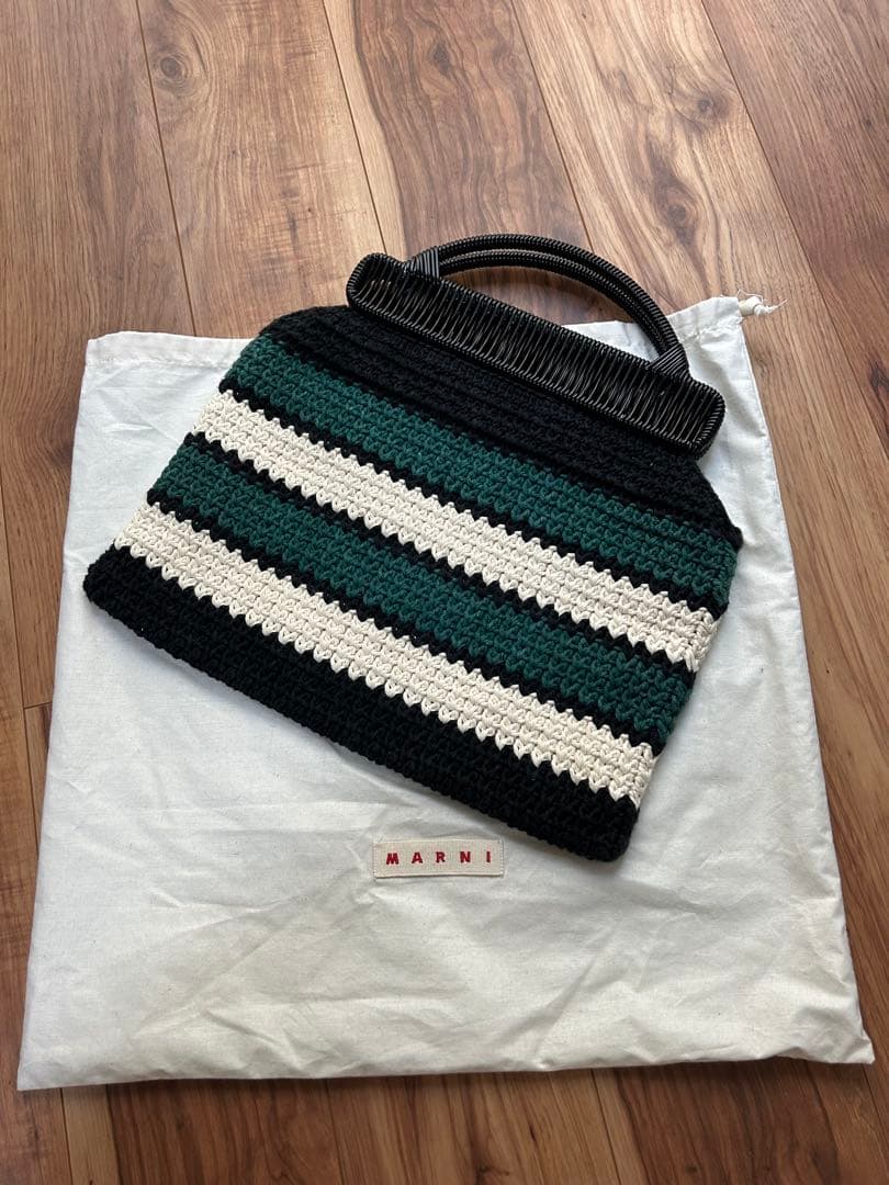 MARNI ボーダー クロシェバッグ グリーン ブラック