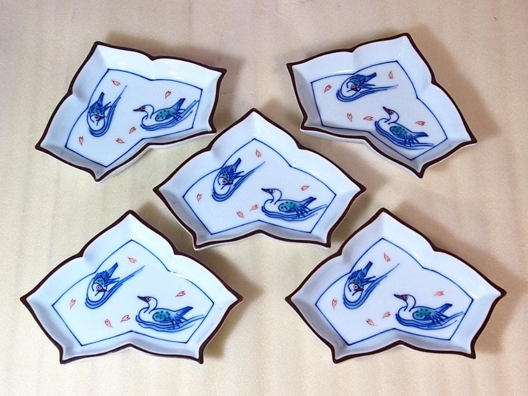 【未使用】有田焼 十四代 辻常陸 染錦水鳥文 変形皿5客 銘々皿/菓子皿 茶道具