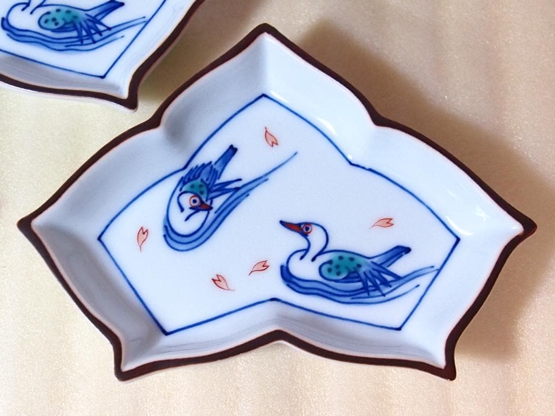 【未使用】有田焼 十四代 辻常陸 染錦水鳥文 変形皿5客 銘々皿/菓子皿 茶道具