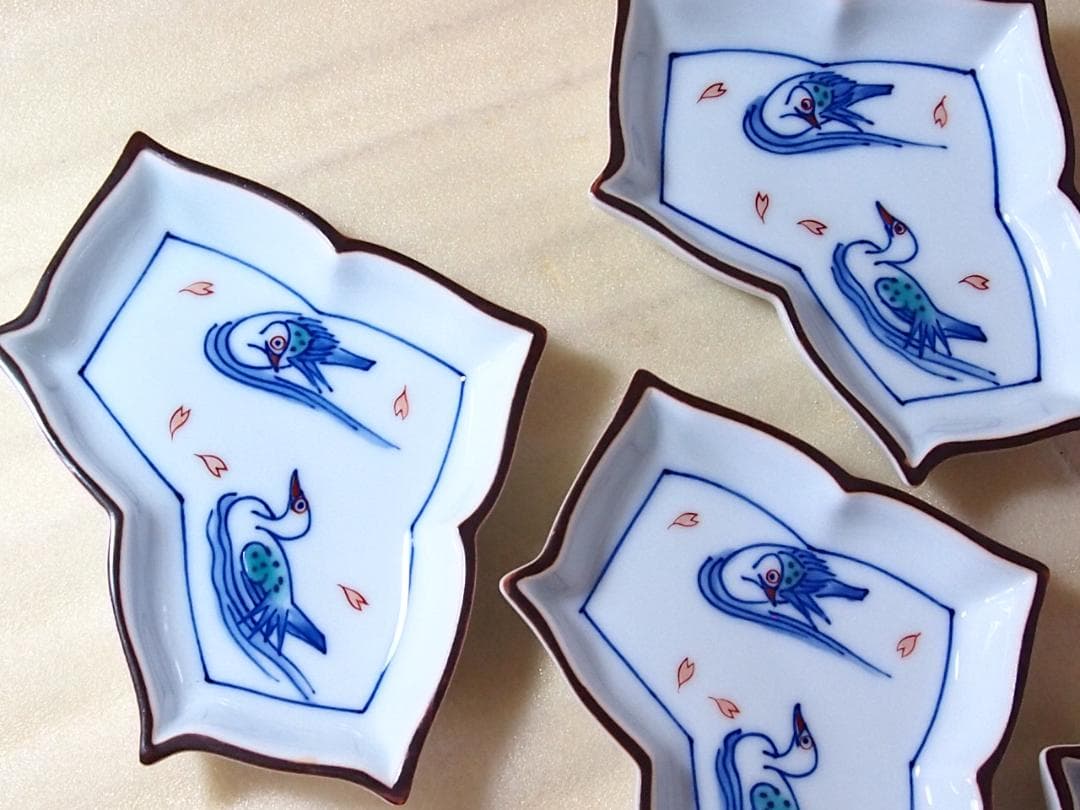 【未使用】有田焼 十四代 辻常陸 染錦水鳥文 変形皿5客 銘々皿/菓子皿 茶道具