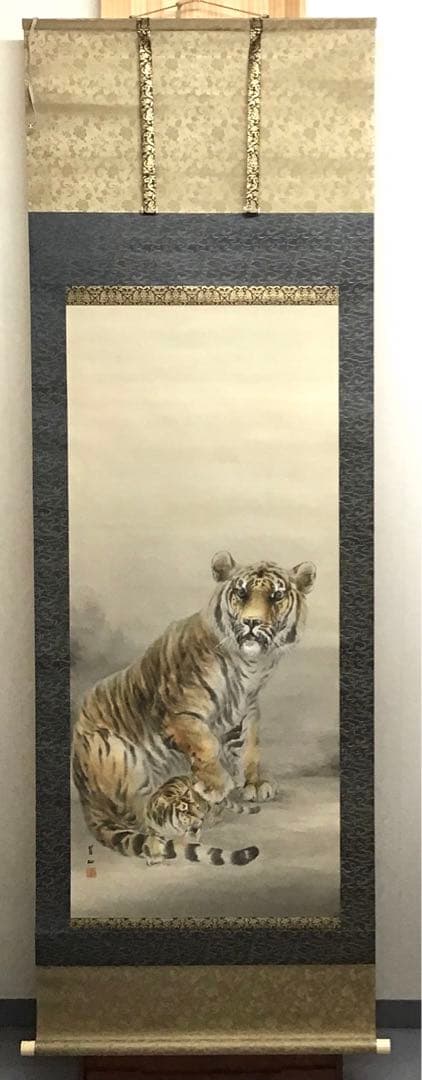 K茶道具　掛軸　「乳乕之圖」　大橋翠石作　共箱　木箱　S952KJ