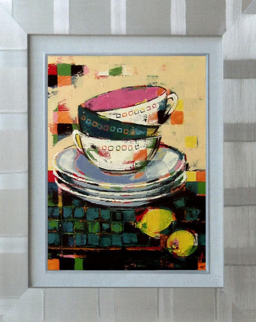 油絵 菅家令子絵 絵画インテリア額付(黒) uF6-060203静物カップレモン